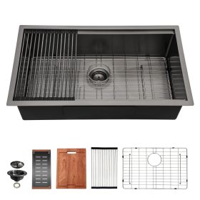 Undermount Kitchen Sink Single Bowl 16 Gauge Stainless Steel Workstation Sink Brushed Nickel /Gunmetal Black (Design: Black with workstation, size: 30)